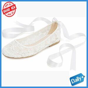 Lace Flat Wedding Shoes with Satin Ribbon Tie, Comfortable Bridal Flats